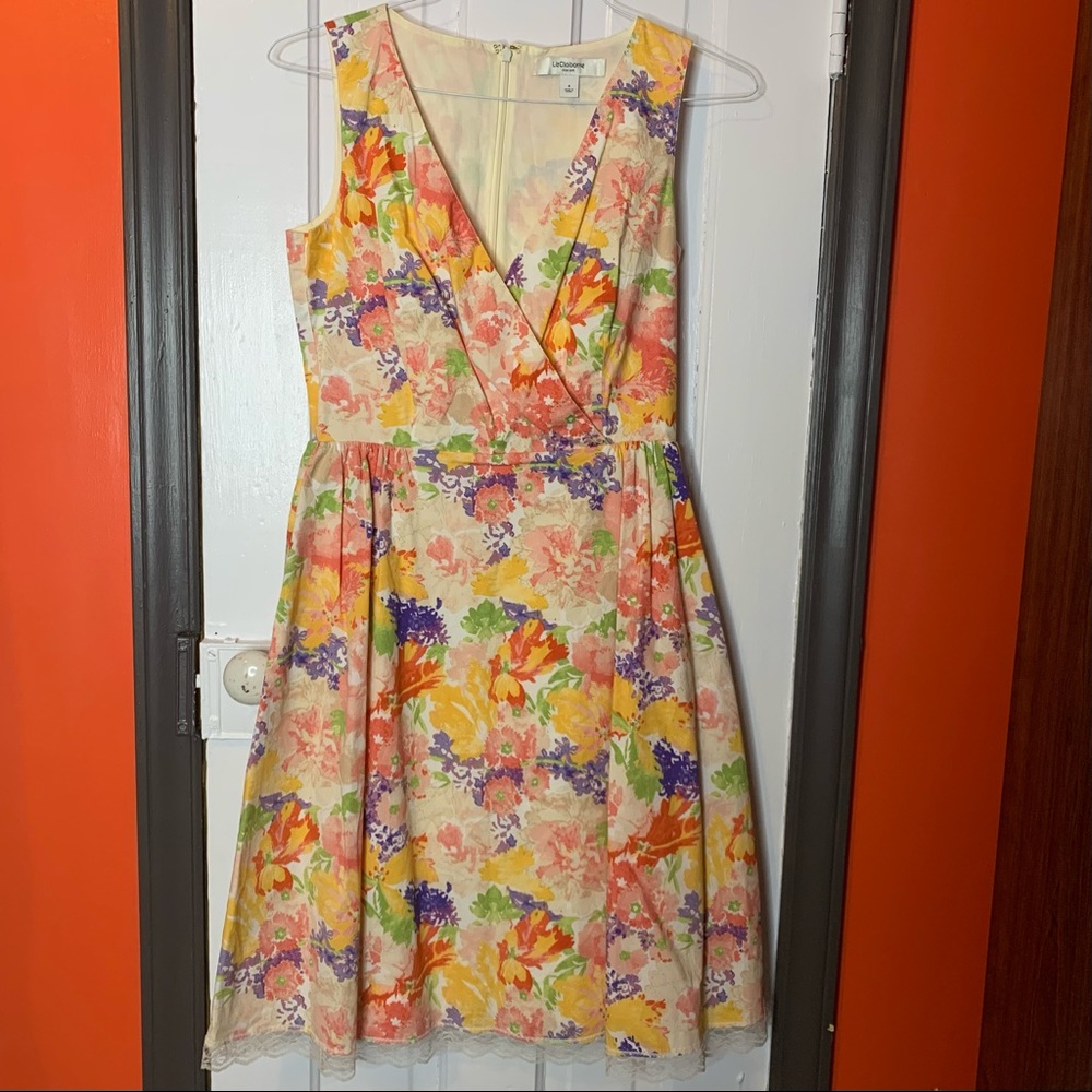 Liz Claiborne Floral Watercolor Design Lace Detail Wrap Front Fit & Flare Dress